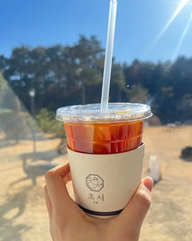 탑정호의 풍경을 배경으로 한 커피 사진