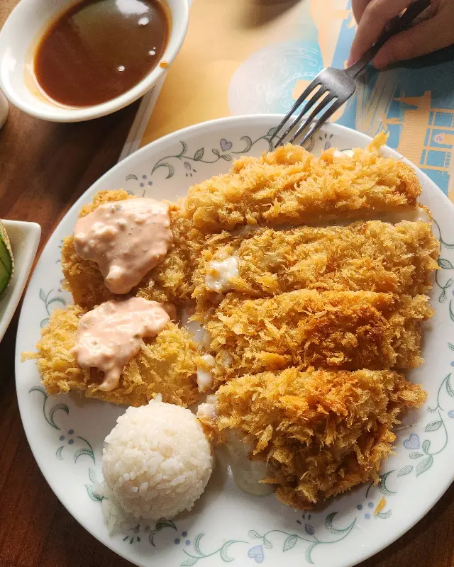 돈까스 위에 소스가 듬뿍 뿌려진 모습