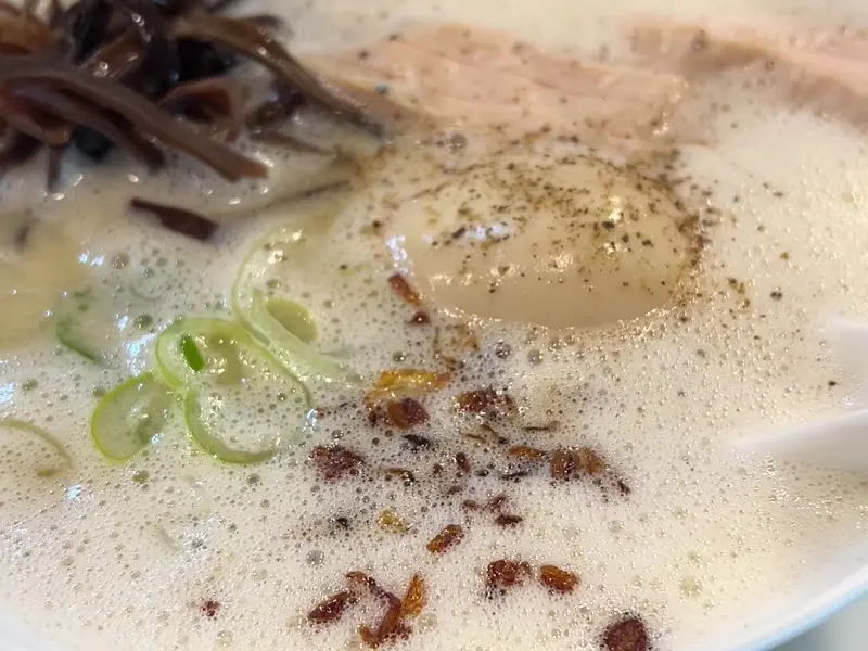 거품이 있는 닭 육수, 반숙 계란, 파가 보이는 토리빠이탄 라멘