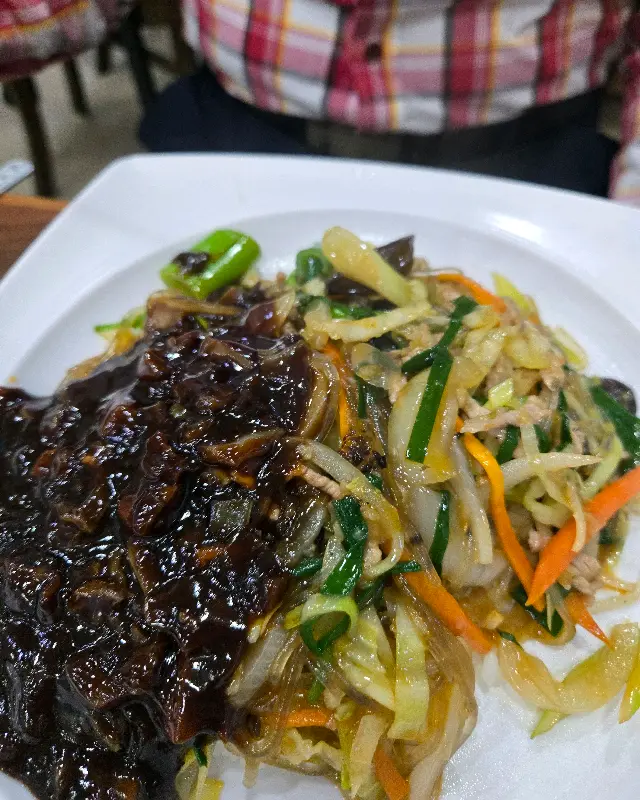 짜장 소스와 면, 그리고 채소가 조화롭게 담긴 잡채밥