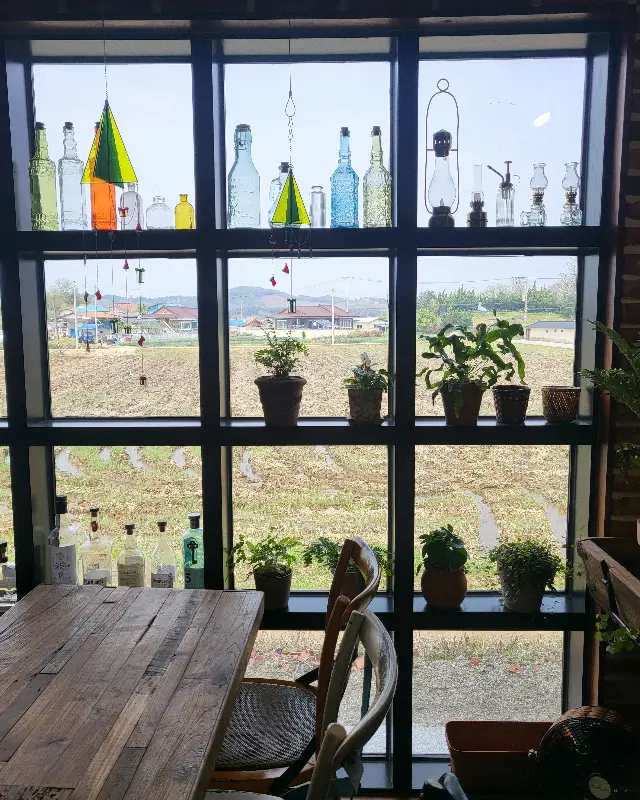 창밖으로 펼쳐진 푸르른 논밭 뷰