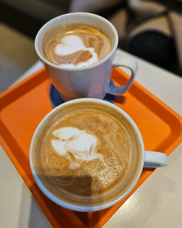 테이블 위에 놓인 라떼 두 잔