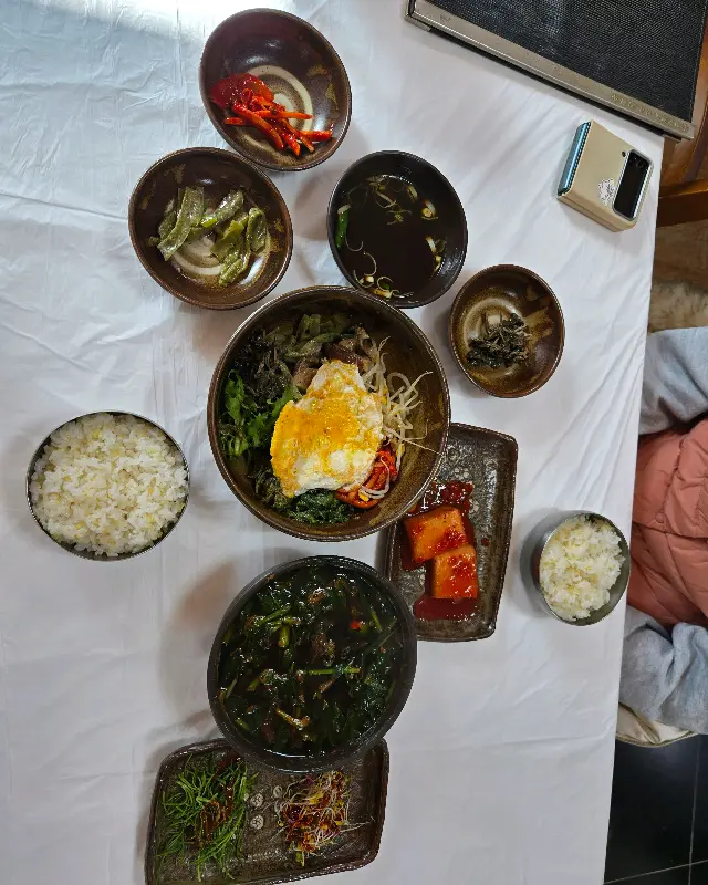 산채비빔밥, 올갱이해장국, 깍두기 등 다양한 메뉴가 차려진 상차림