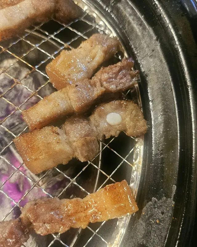 숯불에 구워진 고기의 클로즈업 샷