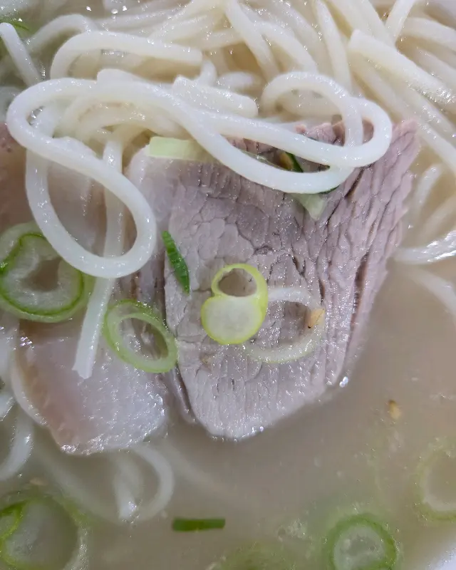 윤기가 자르르 흐르는 고기국수 속 돼지고기 수육 클로즈업