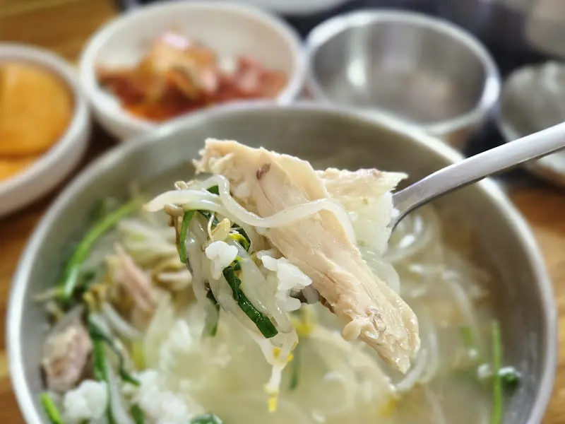 숟가락 위에 올려진 닭고기와 밥