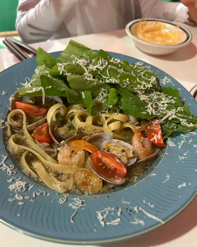 바지락 파스타의 근접 촬영