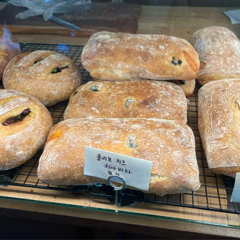 쇼케이스 안의 올리브 치즈 치아바타