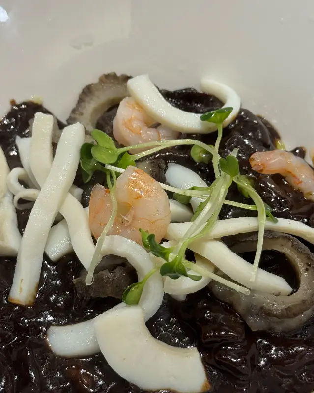 검은 짜장 소스 위에 해삼, 새우, 채소가 올려진 짜장면 클로즈업 사진