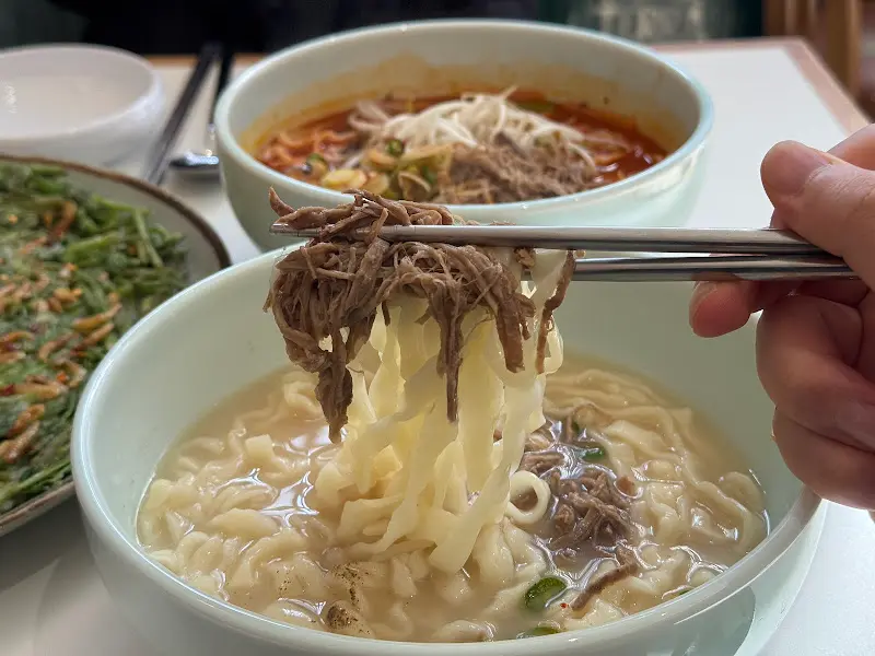 젓가락으로 집어 올린 칼국수 면발과 고기 고명