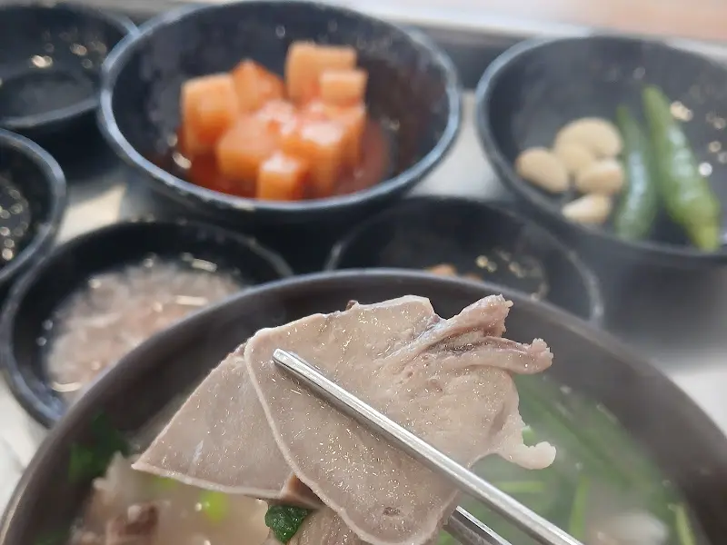 젓가락으로 고기를 집어 올리는 모습