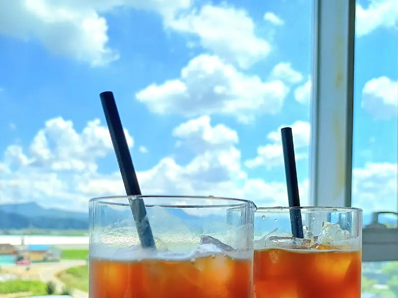 음료와 함께 보이는 창밖 풍경