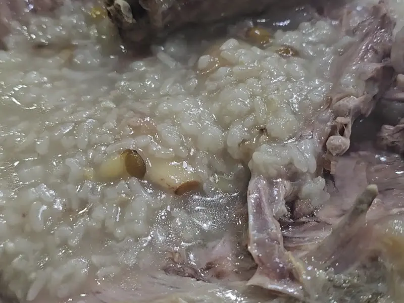 윤기가 흐르는 누룽지 백숙의 자태