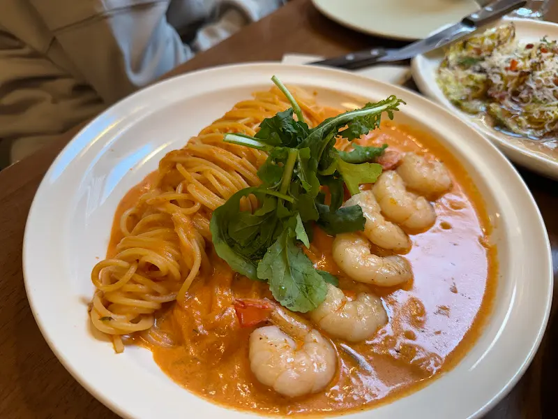 홍새우 파스타의 클로즈업 샷