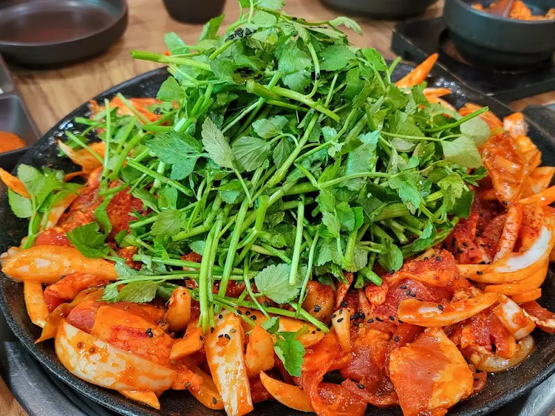 오징어와 야채가 듬뿍 들어간 철판 요리의 모습