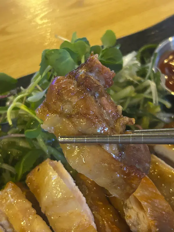 젓가락으로 든 닭고기 한 점