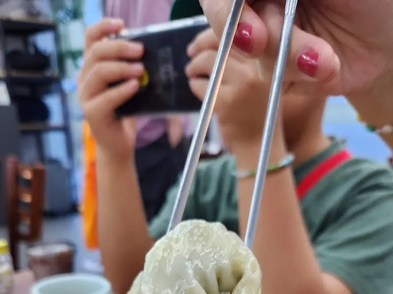 만두를 젓가락으로 집는 모습