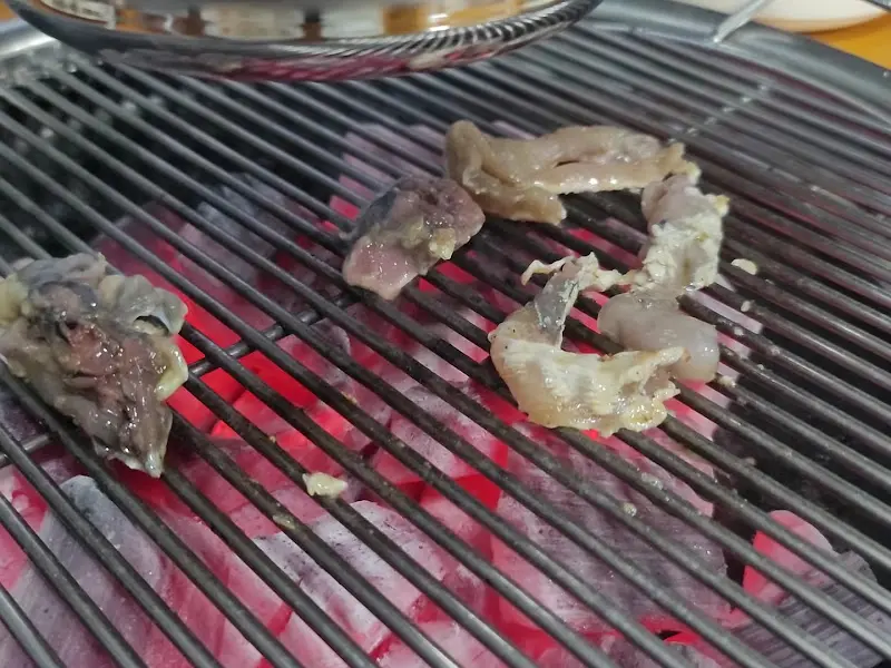 숯불 위에 올려진 오골계 구이