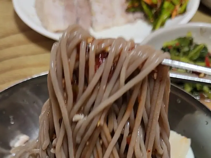 젓가락으로 집어 올린 막국수 면발