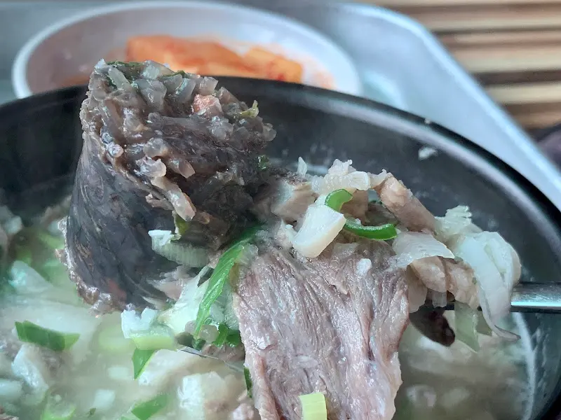 숟가락 위에 올려진 순대와 돼지고기