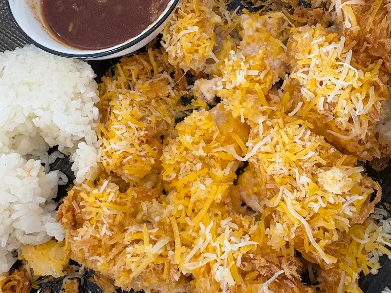 밥과 돈까스 소스가 함께 제공되는 돈까스 한 상