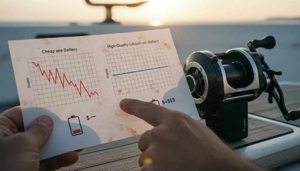 전동릴 배터리의 전압 안정성 비교 그래프와 고성능 낚시 릴이 선상에 거치된 모습