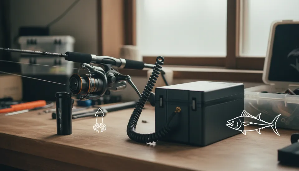 낚시 장르별 리튬 이온 배터리 용량 비교 인포그래픽, 라이트 지깅용 소형 배터리와 심해 낚시용 대용량 배터리