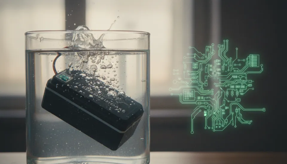 물속에 잠긴 방수 전동릴 배터리와 BMS 보호 회로가 작동하는 안전 기능 시각화