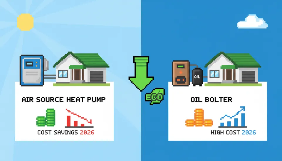 기름 보일러 대비 공기열 히트펌프의 연간 난방비 절감 효과를 비교한 2026년형 에너지 효율 분석 인포그래픽