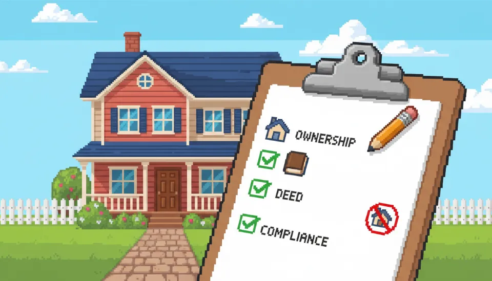 단독주택 배경으로 건축물대장 및 소유권 확인 항목이 체크된 정부 보조금 신청 자격 요건 체크리스트 클립보드