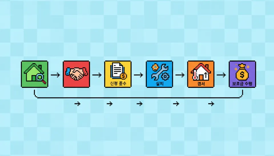 참여기업 선정부터 최종 설치 확인까지 단계별로 알기 쉽게 표현한 공기열 히트펌프 보조금 신청 절차 인포그래픽