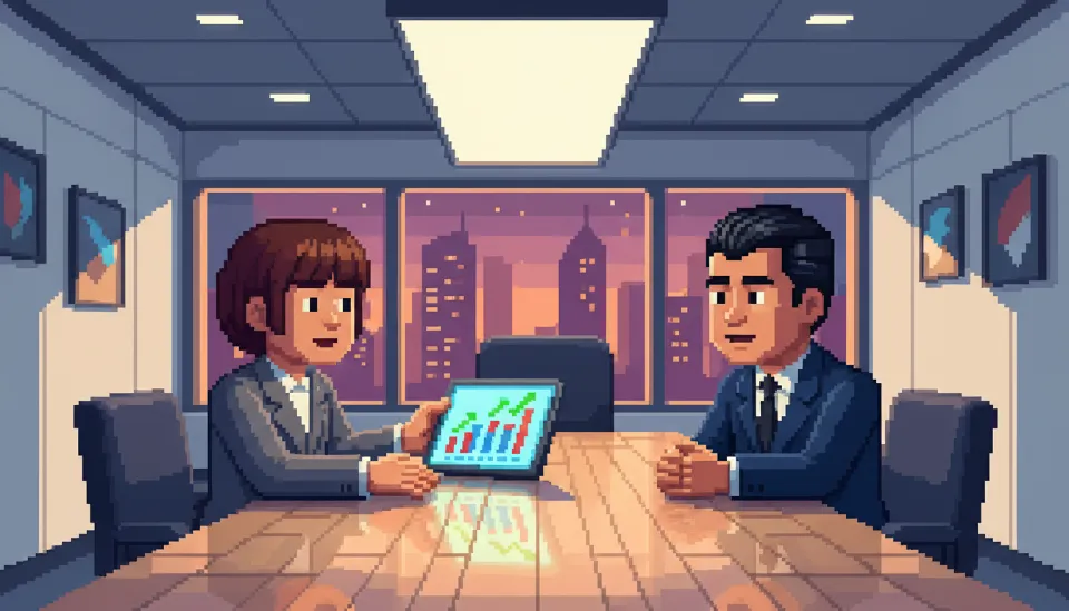 현대적인 사무실 회의실에서 태블릿의 차트와 데이터를 가리키며 상사에게 논리적으로 설명하고 있는 직장인의 모습