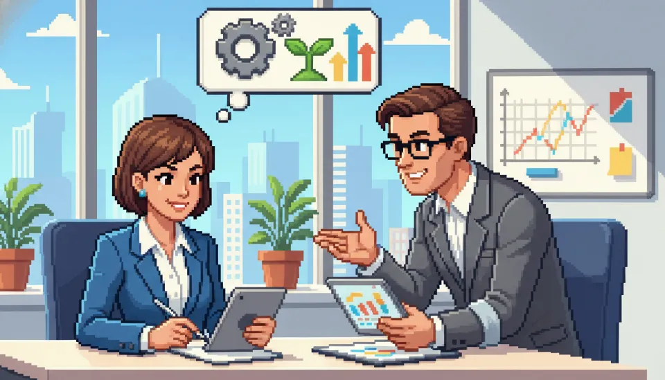 상사의 피드백을 진지하게 메모하며 경청하는 직원의 모습, 적대적이지 않고 건설적인 업무 회의 분위기