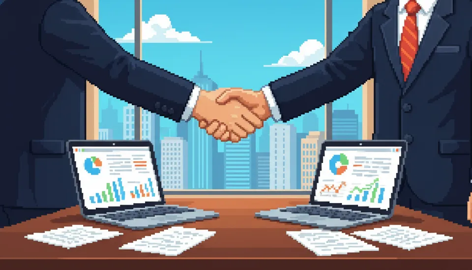 문서와 노트북이 놓인 책상 위에서 악수를 나누며 상호 존중과 합의를 이루어낸 두 직장인의 손 클로즈업