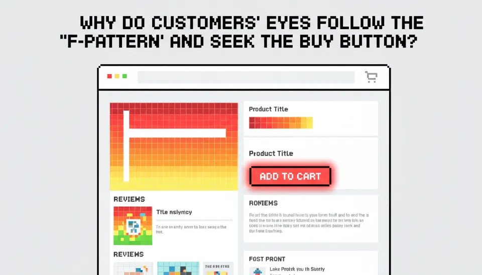 쇼피파이 상세페이지의 히트맵 분석 결과로, 사용자의 시선이 F패턴을 따라 제품 제목과 구매 버튼에 붉게 집중된 모습을 보여주는 시각적 자료
