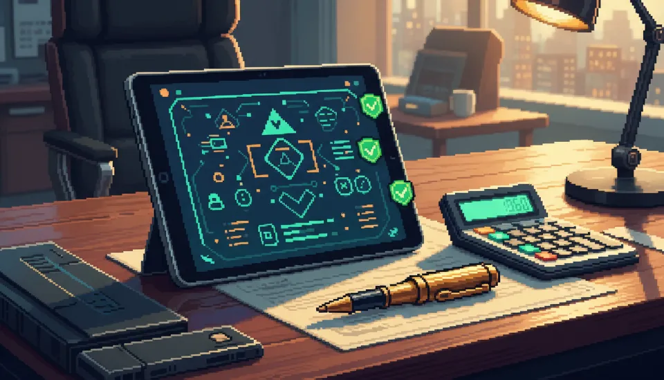 2026년 최신 결혼정보회사 매칭 시스템이 띄워진 태블릿과 계산기가 놓여 있는 고급스러운 상담 데스크의 모습