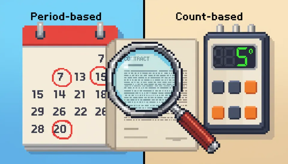 기간제와 횟수제 프로그램의 차이를 보여주는 달력과 카운터 이미지, 그리고 성혼사례비 약관을 확대경으로 살펴보고 있는 모습