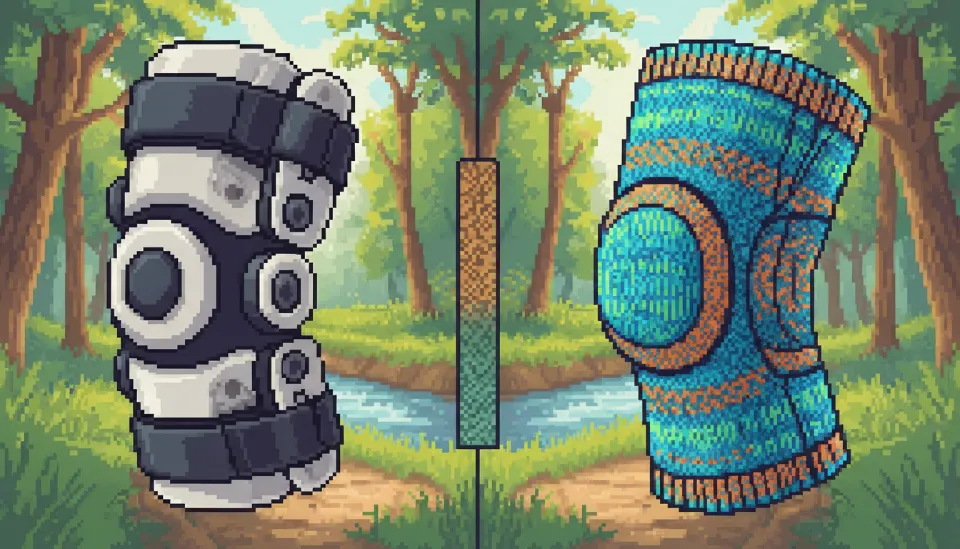 왼쪽에는 금속 힌지가 있는 의료용 무릎 보호대, 오른쪽에는 유연한 니트 소재의 스포츠용 무릎 슬리브가 나란히 놓여 기능적 차이를 보여주는 비교 이미지