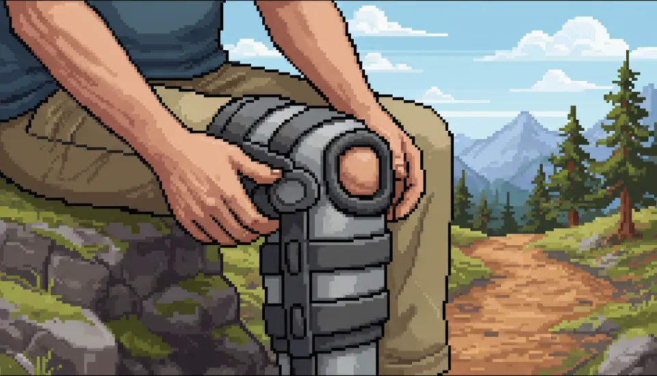 등산 중 바위에 앉아 스트랩이 달린 의료용 무릎 보호대를 조절하고 있는 중년 등산객의 무릎 클로즈업