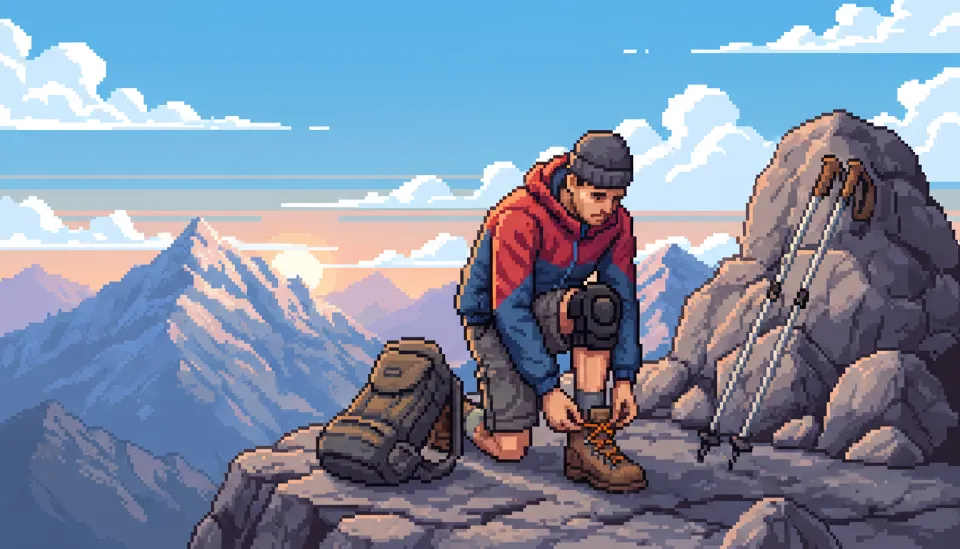 산 정상에서 하산을 준비하며 등산 스틱을 옆에 두고 무릎 보호대를 착용하고 있는 등산객의 역동적인 모습