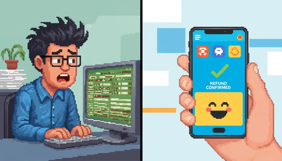 복잡한 세금 양식에 머리를 싸매는 사람과 스마트폰으로 간편하게 환급금을 확인하며 기뻐하는 N잡러의 대비되는 모습