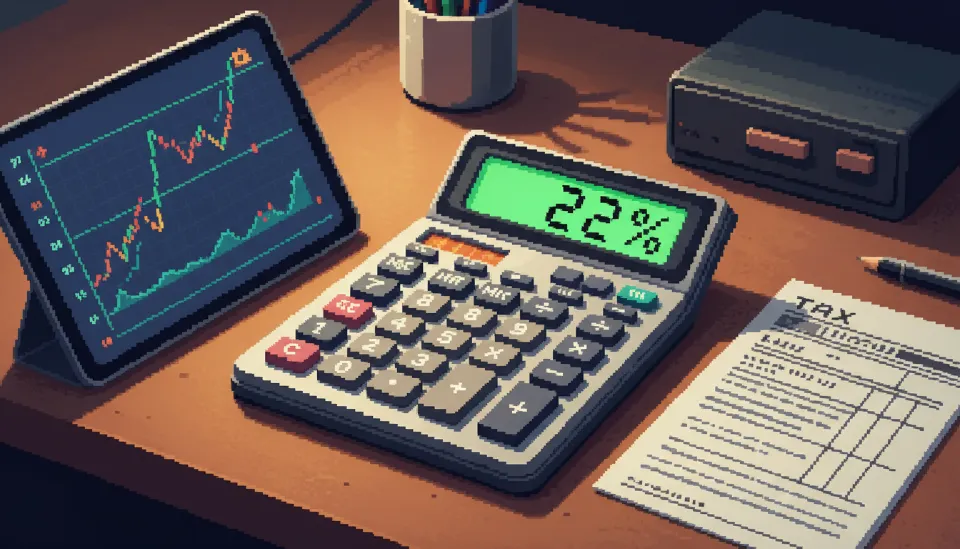 비트코인 차트가 띄워진 태블릿 옆에서 계산기로 22%의 가상자산 세율을 계산하고 있는 금융 책상 모습