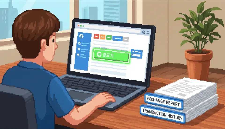 국세청 홈택스 화면이 띄워진 노트북과 그 옆에 정리된 가상자산 거래소 거래 내역서 및 증빙 서류들