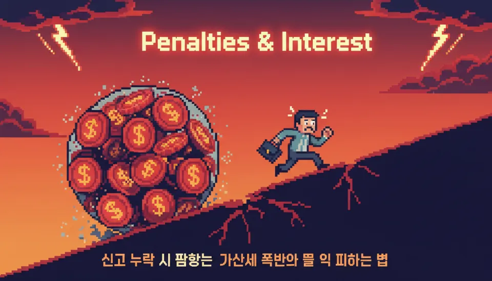 신고 누락 시 눈덩이처럼 불어나는 가산세와 이자를 피해 달아나는 납세자를 표현한 경고성 일러스트