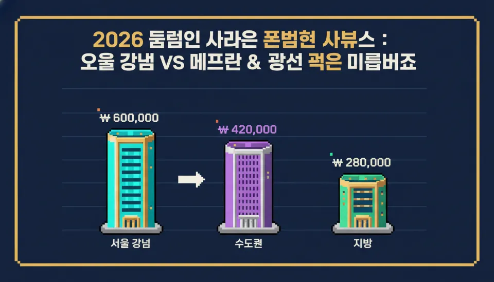 2026년 기준 서울 강남과 수도권 및 지방의 성인 취미 보컬 학원 평균 수강료를 비교한 인포그래픽 차트