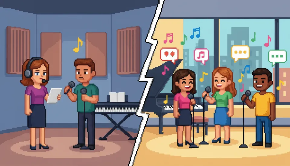 집중적인 1대1 보컬 개인 레슨과 즐거운 분위기의 소규모 그룹 보컬 수업을 비교하여 보여주는 이미지