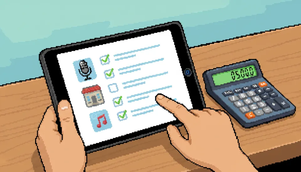 보컬 학원 등록 전 연습실 사용료와 추가 비용 항목을 꼼꼼하게 체크리스트로 확인하는 모습