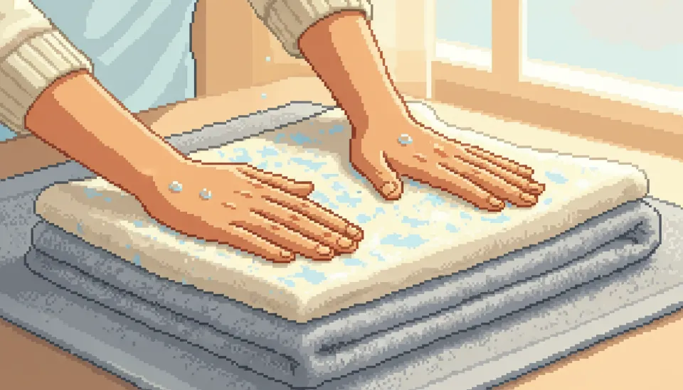 물에 젖은 캐시미어 의류를 비틀지 않고 수건 위에 올려 눌러서 물기를 제거하는 올바른 탈수 과정