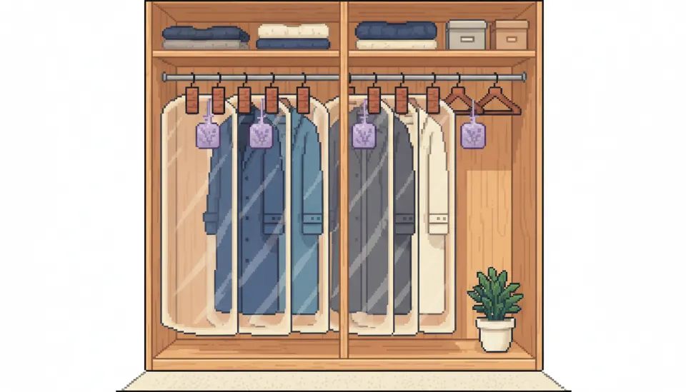 통기성 좋은 부직포 커버에 씌워져 옷장에 여유 있게 걸려 있는 캐시미어 코트와 방충을 위한 삼나무 블록