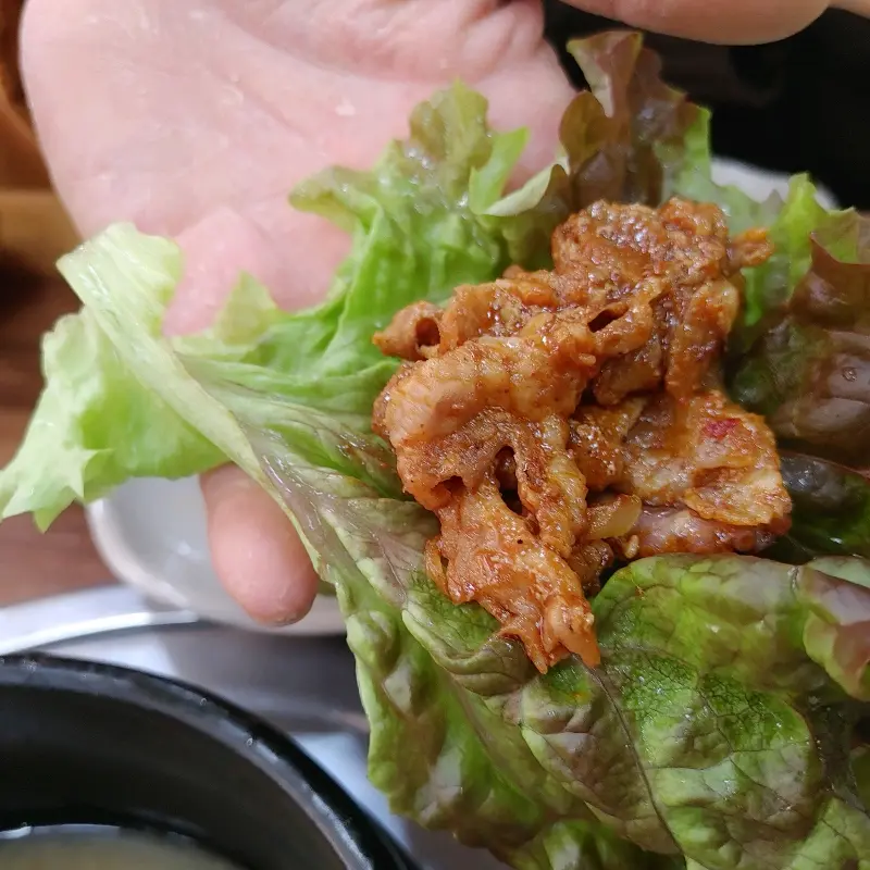 고추장 불고기를 쌈에 싸서 먹는 모습